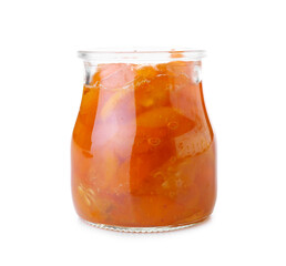Jar of tasty kumquat jam on white background