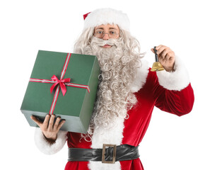 Santa Claus with Christmas bell and present on white background