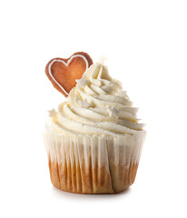 Delicious Christmas cupcake on white background