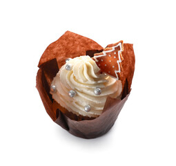Delicious Christmas cupcake on white background