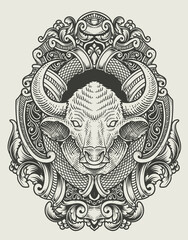 illustration vintage bull with engraving style