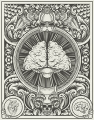 illustration antique brain with engraving style