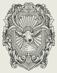 illustration vintage deer with engraving style