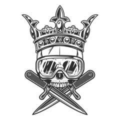 Gangster king skull in crown with crossed knife and new construction builder safety glasses isolated vector illustration. Skeleton of a bandit prince with crossed dagger.