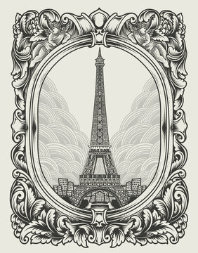 illustration retro eiffel tower with vintage style