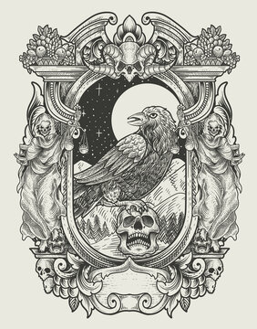 illustration vintage scary crow with engraving style