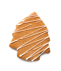 Tasty gingerbread cookie in shape of Christmas tree isolated on white background