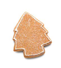 Tasty gingerbread cookie in shape of Christmas tree on white background