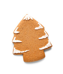 Tasty gingerbread cookie in shape of Christmas tree on white background