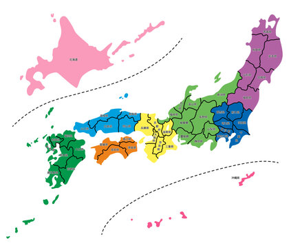シンプルな日本地図　都道府県で色分け　都道府県ごとに切り分け可能