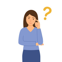 Woman is thinking with question mark symbol in flat design on white background. Making decision.