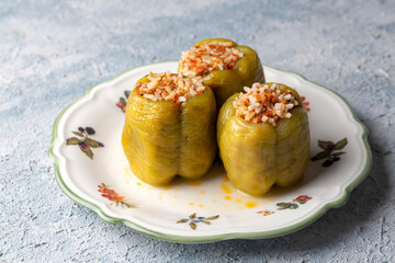 Traditional delicious Turkish food; stuffed bell peppers with meat (Turkish name; Etli biber dolmasi)