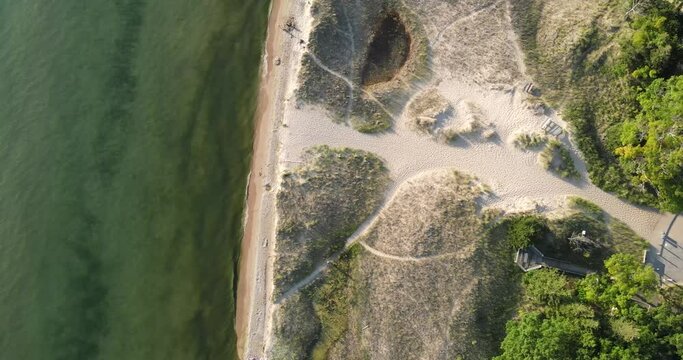 Overhead view of Lake Michigan with beach. Drone video moving overhead.