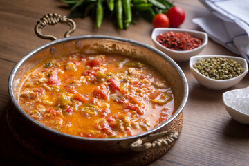 Traditional turkish food (Turkish name; menemen) made by eggs and tomatoes.