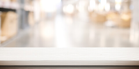 White table presentation, desk and blur background, Empty wood counter, shelf surface over blur restaurant white bokeh background, Wood table top for retail shop, store product display banner, mock up