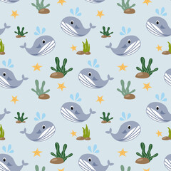 dolphins seamless pattern, sea stars, Sea life, whales, ship, anchors and ship steering wheel, vector illustration.