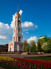 Fototapeta na wymiar View of multi-tiered bell tower of Monastery of Our Lady of Kazan in Russian city of Tambov