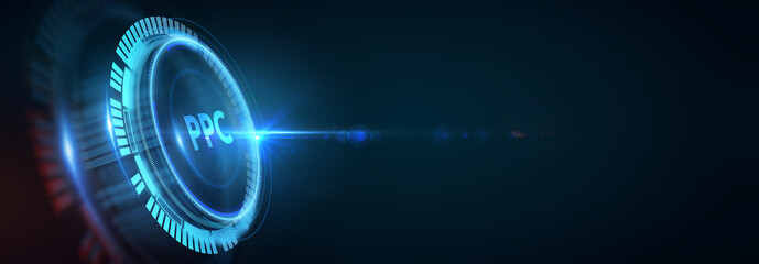 Pay per click payment technology digital marketing internet concept of virtual screen. PPC 3d illustration