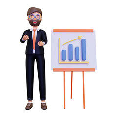 Businessman giving presentation with graph. Illustration in a simple and minimalist style. 3d concept illustration