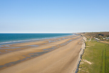 The panoramic view of Omaha beach in Europe, France, Normandy, towards Arromanches, Colleville, in spring, on a sunny day.