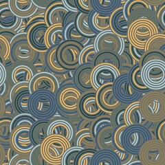 Seamless concentric circle in retro colors dizzy surface pattern design for print. High quality illustration. Psychedelic geo tile of random overlaid dynamic round stripe shaped circles piled up.