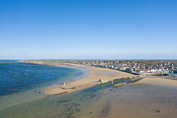 The panoramic view of the city of Grandcamp-Maisy in Europe, France, Normandy, towards Omaha beach, in spring, on a sunny day.