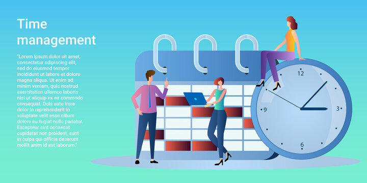 Time management.Planning .organization and control of the workflow.The concept of working time management.Poster in business style.Flat vector illustration.