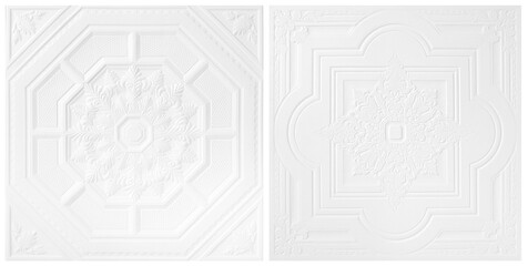 White Patterns on the ceiling gypsum sheets two style of white flowers  isolated  on white background with clipping path include for design usage purpose - obrazy, fototapety, plakaty