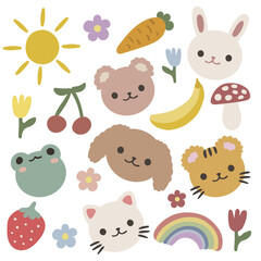 Cute cartoon children hand draw illustration set with cat dog rabbit frog bear, flowers, sun and fruits, mushrooms