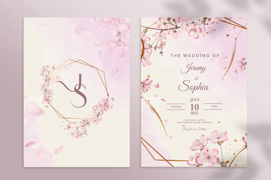 Double Sided Wedding Invitation Template With Pink Sakura 