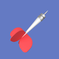 3d cartoon red brass dart isolated on blue background, red brass dart fly throw at the target. 3d rendering illustration