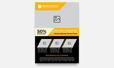Black and Orange Color modern, creative, professional, eye catching and print ready Restaurant Food Flyer Template Design 13  with circle, rectangle and triangle layout vector
