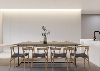 Contemporary dining interior with dining table and chairs.3D illustration