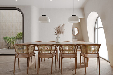Contemporary dining interior with dining table and chairs.3D illustration