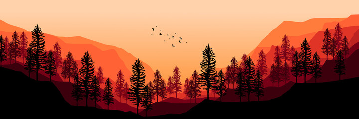 sunset mountain with bird and tree silhouette flat design vector illustration good  for wallpaper, background, backdrop design, template design and tourism design template	