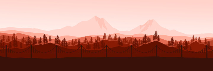 sunset mountain with bridge and tree forest flat design vector illustration good  for wallpaper, background, backdrop design, template design and tourism design template	