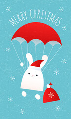 Retro styled vector kawaii illustration of a cute white bunny with a Santa hat and a red sack is descending by parachute. Greeting text: Merry Christmas. Vertical web banner format.