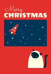 The Siamese Cat is witnessing a historic moment. Vector retro styled Christmas greeting card. A cute Siamese cat is sitting near the window and watching astronaut Santa Claus flying in a space rocket.