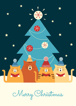 Vector colorful retro styled illustration of four cats in knitted hats singing carols under a big Christmas tree. Greeting text “Merry Christmas”. Vertical format. Dark background.