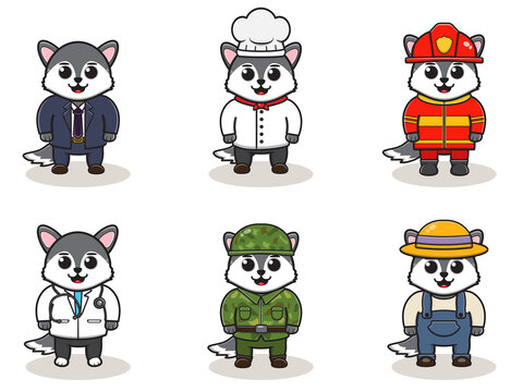 Vector illustration with cute Wolf of different professions. cute job Animal cartoon bundle set.