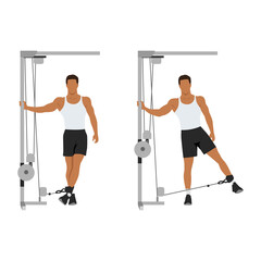 Fototapeta na wymiar Man doing Cable hip abduction. adduction exercise. Flat vector illustration isolated on white background