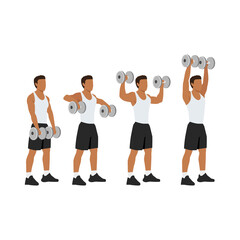 Obraz premium Man doing Dumbbell cuban press exercise. Flat vector illustration isolated on white background
