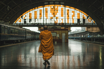 Monk walks on a platform into the main hall of Bangkok Railway Station or in Thai call Hua Lamphong at the capital center of Bangkok Thailand.