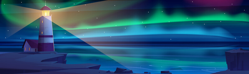 Lighthouse on sea shore with aurora borealis shining at night sky. Scenery nature ocean landscape with beacon building glowing and polar lights iridescent illumination, Cartoon vector illustration
