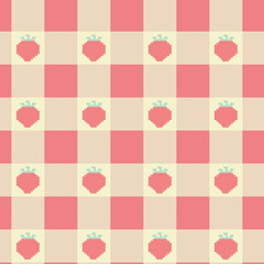Checkered background in pink and yellow colors with strawberry print. Fashion seamless pattern