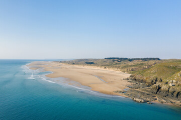 The beach at the foot of Cap de Carteret in Europe, France, Normandy, Manche, in spring, on a sunny day.
