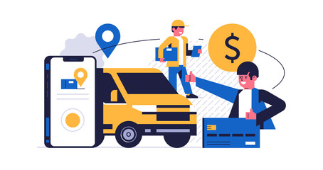 Online parcel delivery service concept. Mobile app concept. Phone with parcel delivery app on display. A courier with an order box received an online payment for transporting the order by truck.