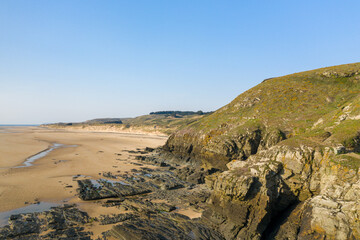 The rocky cliffs of Cap de Carteret in Europe, France, Normandy, Manche, in spring on a sunny day.