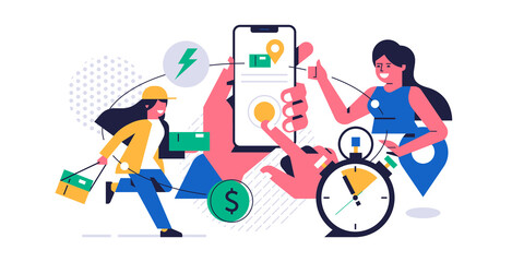 Online parcel delivery service concept. Mobile app concept. Hand holding phone with parcel delivery application on display. Woman courier runs with an order for a happy woman.Flat vector illustration