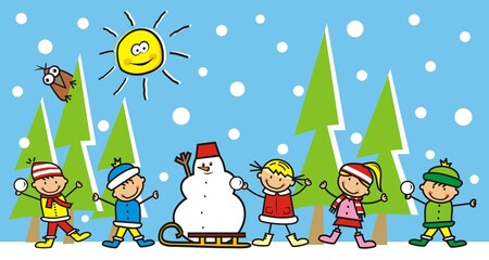 Obraz na płótnie Canvas Five little kids with snowman, winter leisure activities, cute vector illustration